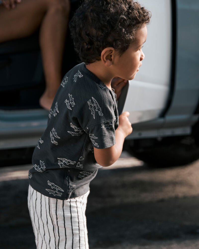 Toddler 2-Piece Alligator Henley Tee & Striped Pull-On Shorts, image 3 of 4 slides