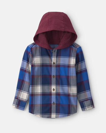 Toddler Boy Plaid Twill Long-Sleeve Button-Down Shirt with Hood - Blue/Burgundy, 