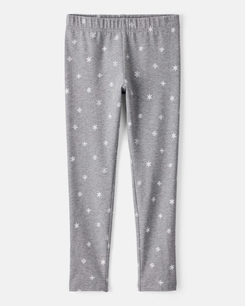Girls Snowflake Print Cotton Pull-On Stretch Leggings - Grey, image 1 of 4 slides