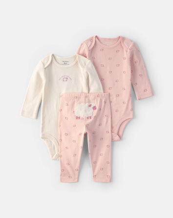 Baby Girl 3-Piece Sheep Long-Sleeve Bodysuit & Pant Set - Pink/Cream, 