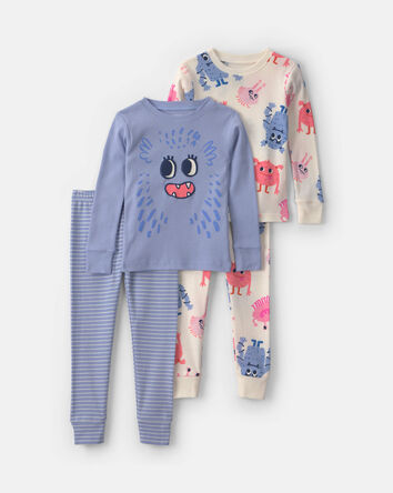 Toddler Girl 4-Piece Monster 100% Cotton Snug Fit Pyjama Set - Blue/Cream, 