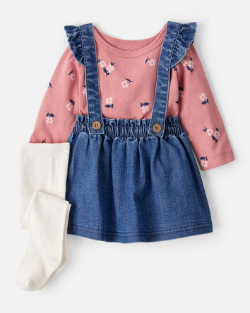 Bébé fille - Ensemble 3 pièces robe fleurie à manches longues - Bleu, 