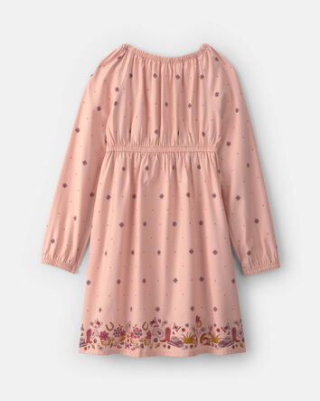 Filles - Robe manches longues en serg&eacute; en motif floral - Rose, 