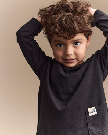 Toddler Hey Long-Sleeve Pocket Graphic Tee - Black, 