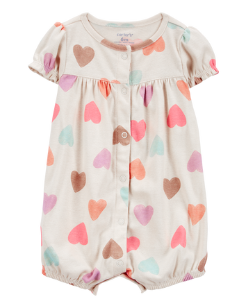 Baby Heart Print Ribbed Short-Sleeve Romper - Tan, 