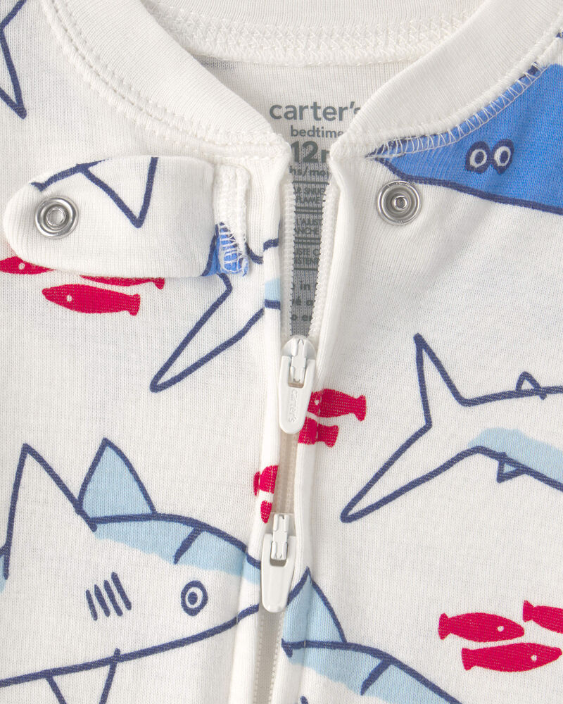 Baby Boy Shark 100% Cotton Snug Fit 1-Piece Pyjama - Ivory/Blue, image 2 of 5 slides