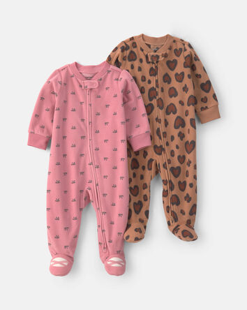 Baby Girl 2-Pack Leopard Fleece 2-Way Zip Sleep & Play Pyjamas - Pink/Brown, 