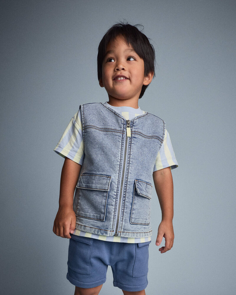 Toddler Boy Zip-Up Denim Vest with Pockets in Avenue Wash - Blue, image 1 of 5 slides
