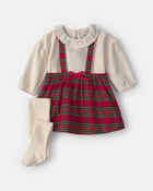 Baby Girl 3-Piece Plaid Christmas Long-Sleeve Dress Set - Red/Cream, image 1 of 6 slides