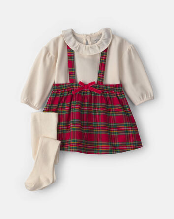 Baby Girl 3-Piece Plaid Christmas Long-Sleeve Dress Set - Red/Cream, 
