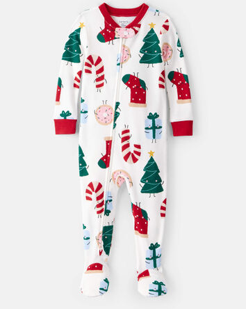Tout-petit - Pyjama une pièce en coton à manches longues avec fermeture à glissière 2 sens et imprimé de Noël – Blanc, 