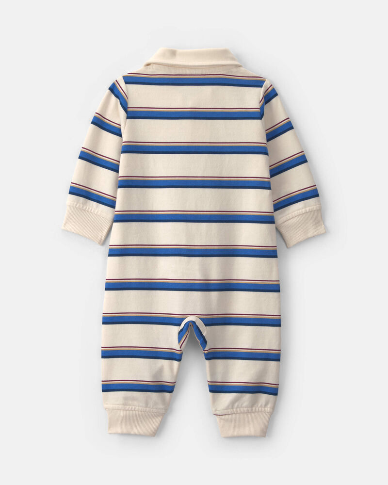 Baby Boy Striped French Terry Long-Sleeve Jumpsuit - Blue/Cream, image 4 of 6 slides