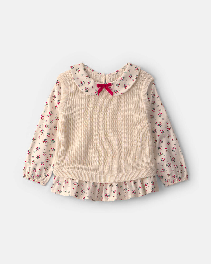 Toddler Girl Collared Floral Sweater - Cream, image 1 of 3 slides