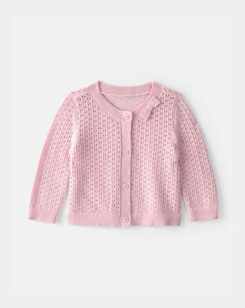 Baby Girl Bow Pointelle Button-Up Cardigan Sweater - Pink, 