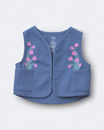 Toddler Girl Embroidered Cropped Vest with Otter Pockets - Slate Blue, 