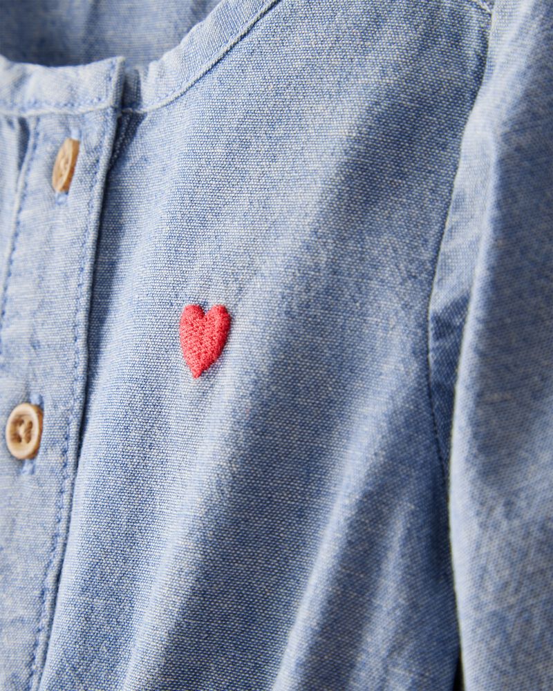 Baby Girl Heart Chambray Long-Sleeve Denim Jumpsuit - Blue, image 2 of 4 slides