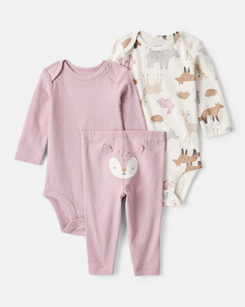 Bébé fille - Ensemble 3 pièces cache-couches à manches longues et pantalon Animaux de la forêt - Rose/Blanc, 