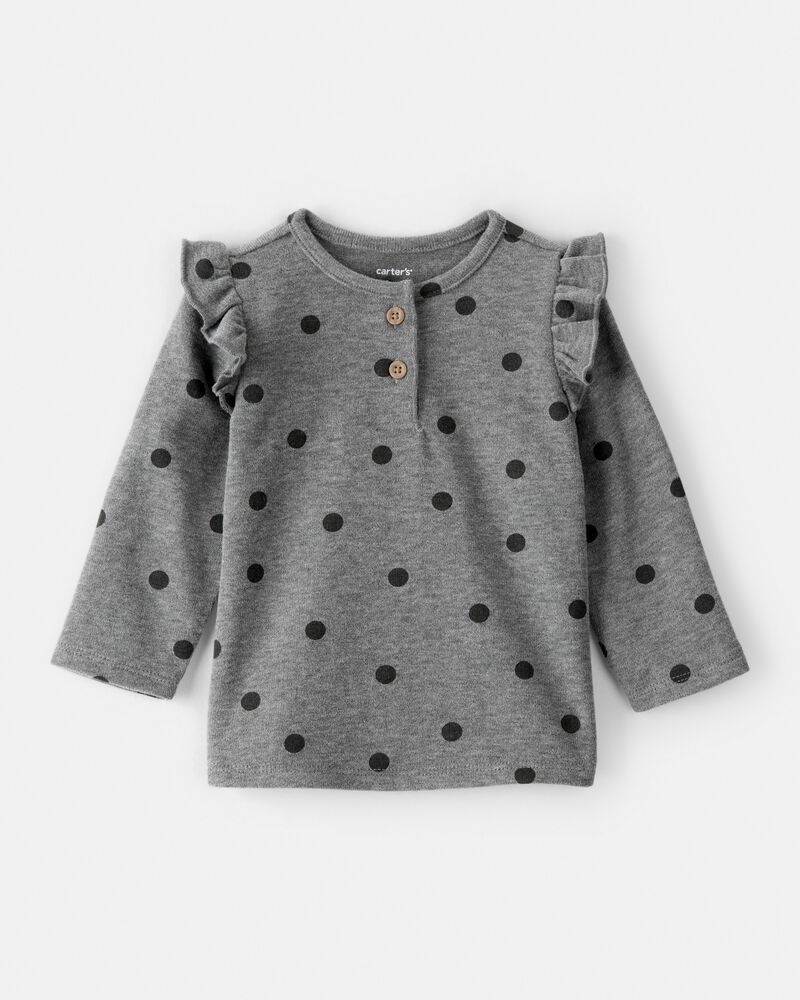 Baby Girl Flutter-Sleeve Polka Dot Long-Sleeve Top - Grey, image 1 of 3 slides