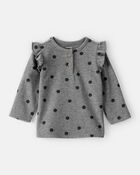 Baby Girl Flutter-Sleeve Polka Dot Long-Sleeve Top - Grey, image 1 of 3 slides