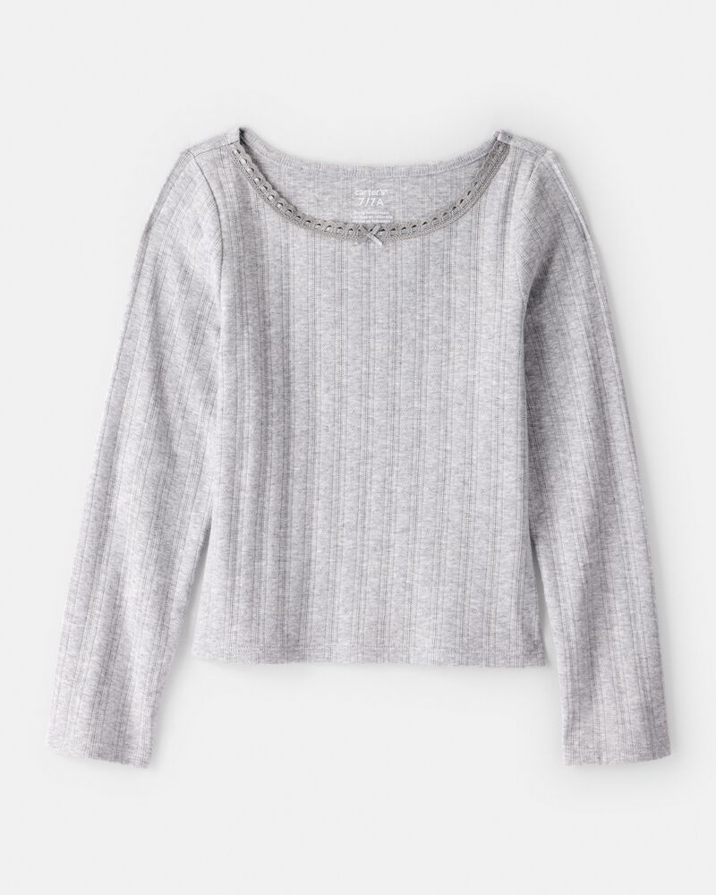 Girls Pointelle Long-Sleeve Top - Grey, image 1 of 4 slides