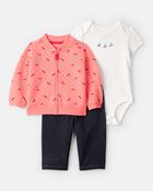 Baby Girl 3-Piece Cherry Quilted Cardigan Outfit Set - Pink, image 1 of 5 slides