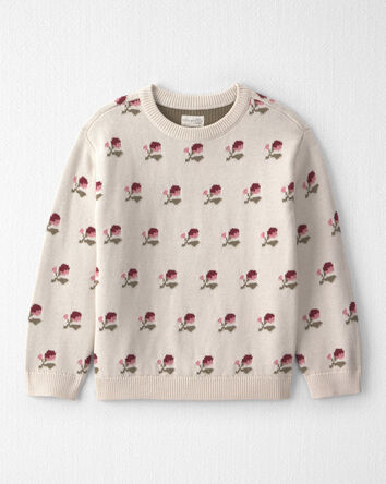 Girls Organic Cotton Sweater Knit Pullover in Floral Jacquard, 