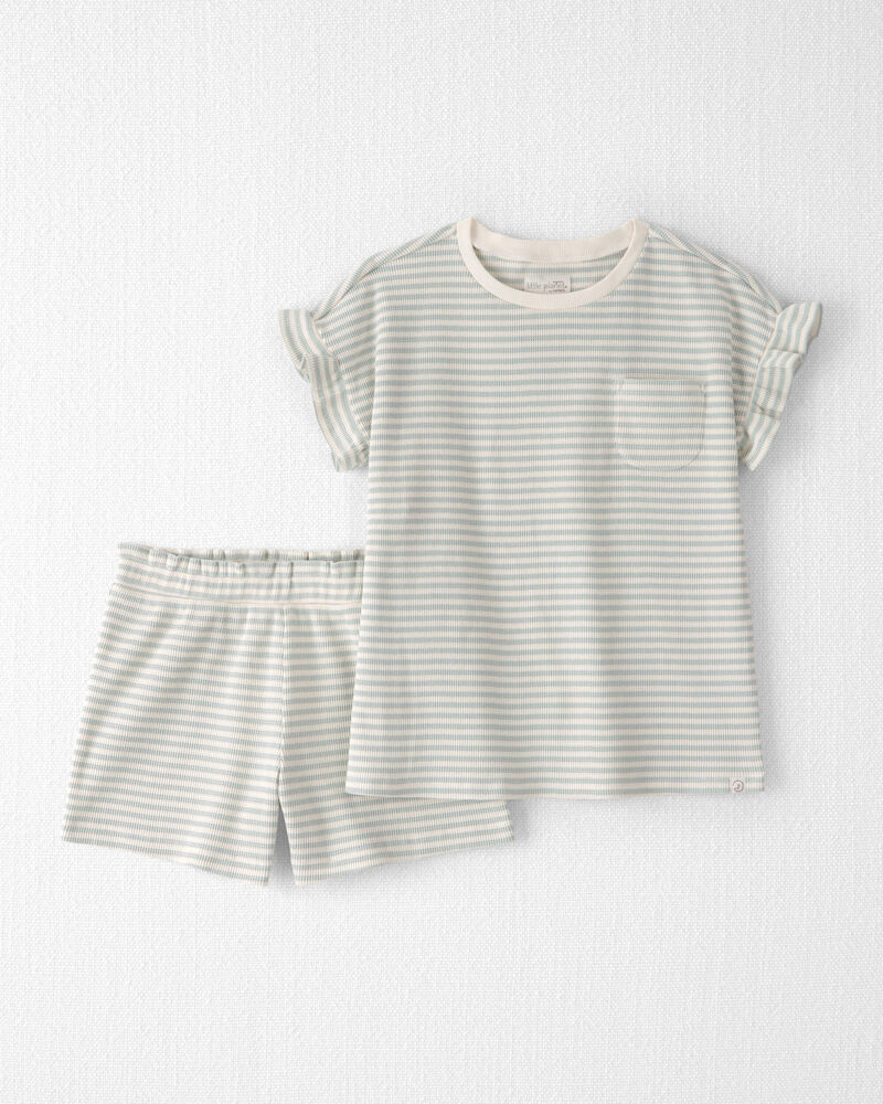 Filles - Ensemble 2 pi&egrave;ces haut et short en tricot gaufr&eacute; de coton biologique &agrave; rayures, image 1 sur 4 diapositives
