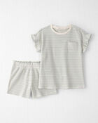 Filles - Ensemble 2 pi&egrave;ces haut et short en tricot gaufr&eacute; de coton biologique &agrave; rayures, image 1 sur 4 diapositives
