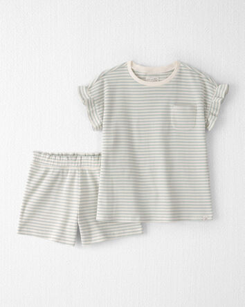 Filles - Ensemble 2 pi&egrave;ces haut et short en tricot gaufr&eacute; de coton biologique &agrave; rayures, 