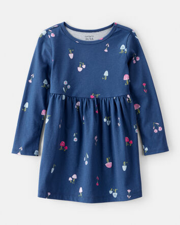 Tout-petit fille - Robe en coton à manches longues imprimé champignons – Bleu, 