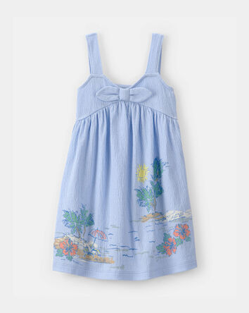 Tout-petit fille - Robe sans manches &agrave; paysage de plage - Bleu, 