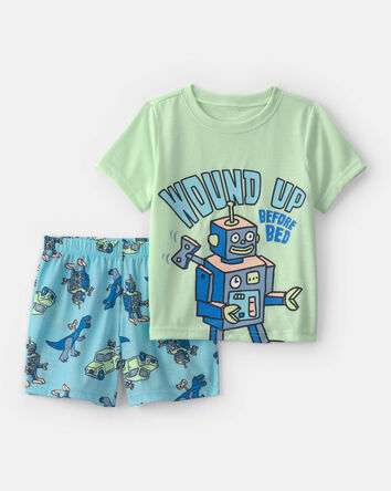 Toddler Boy Robot Short-Sleeve Loose Fit 2-Piece Pyjama Set - Green/Blue, 