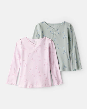 Tout-petit fille - Emballage de 2 t-shirts à manches longues en coton avec imprimé cœur - Vert/Rose, 