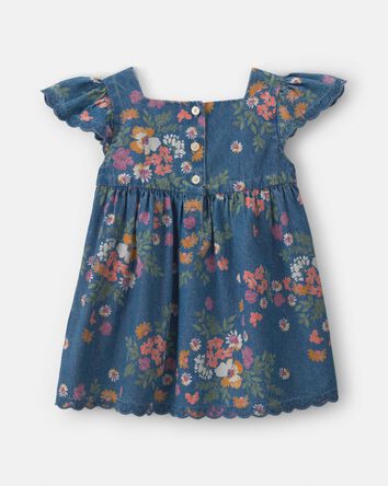 B&eacute;b&eacute; fille - Robe manches courtes en denim &agrave; motif floral - D&eacute;lav&eacute; fonc&eacute;, 
