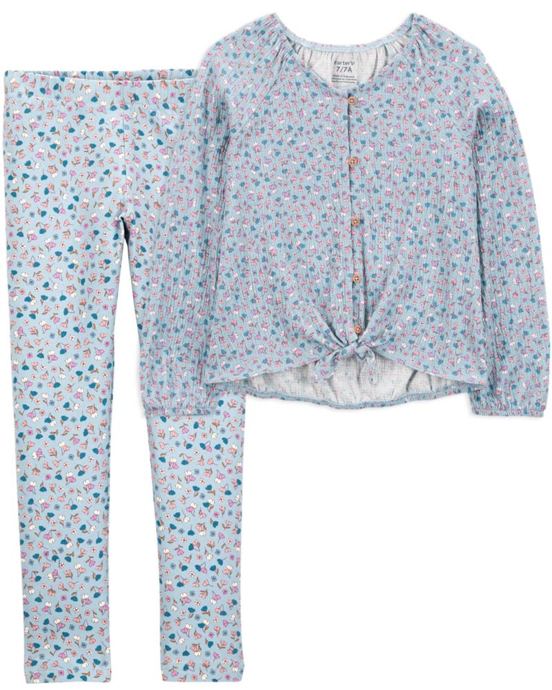 Ensemble 2 pièces haut en tissu gaze à fleurs et legging pour filles, image 1 sur 6 diapositives