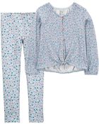 Ensemble 2 pièces haut en tissu gaze à fleurs et legging pour filles, image 1 sur 6 diapositives