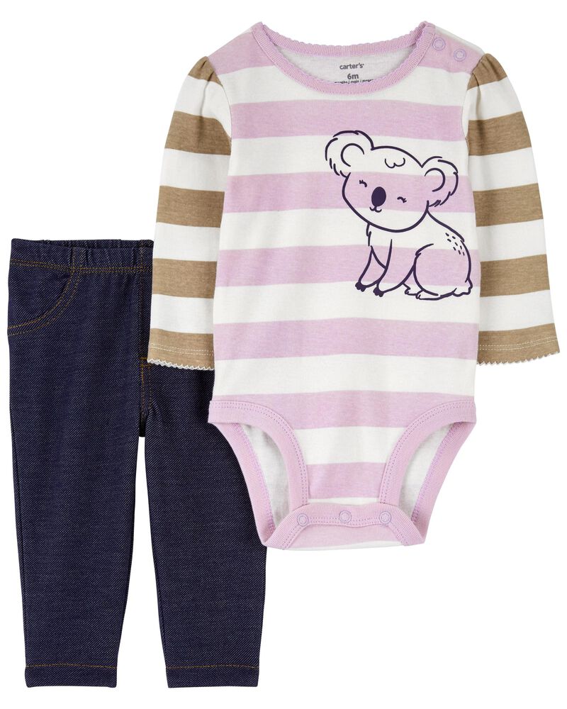 Colorblock Stripes 2Piece Koala Bodysuit and Pant Set