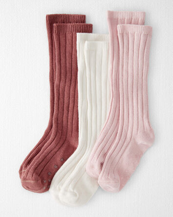 Tout-petit fille - Lot de 3 paires de chaussettes antidérapantes montant jusqu'aux genoux, fabriquées en coton biologique, 