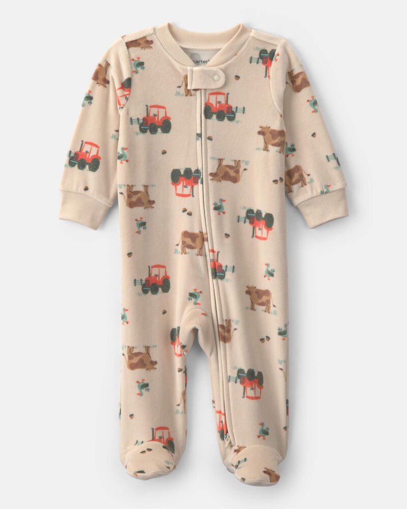 Baby Boy Tractor 2-Way Zip Fleece Sleeper - Brown, image 1 of 5 slides