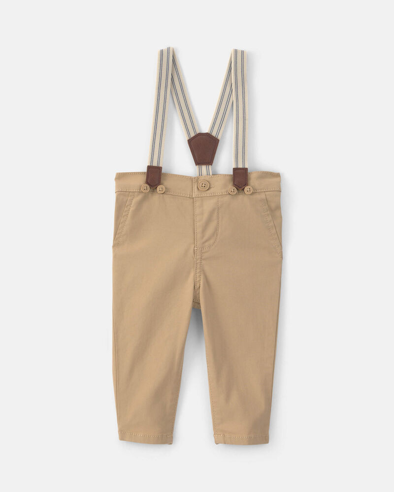 Baby Boy Twill Suspender Pants - Khaki, image 1 of 4 slides