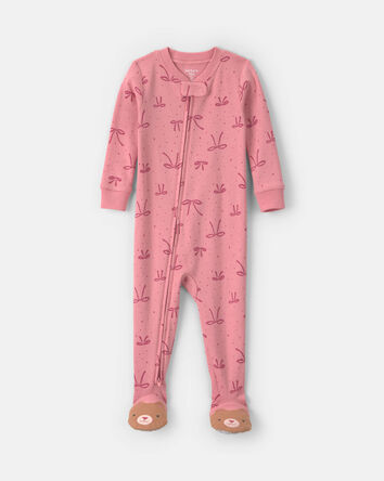 Baby Girl 1-Piece Bows 2-Way Zip 100% Cotton Snug Fit Pyjama - Pink, 