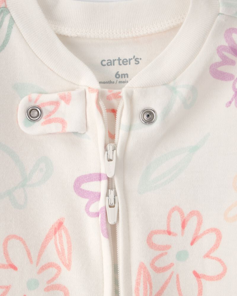 Baby Girl Spring Floral 2-Way Zip 100% Cotton Sleeper - Ivory, image 2 of 4 slides