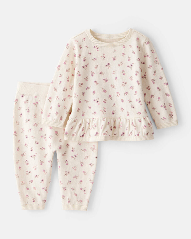 Baby Girl Floral Cotton Long-Sleeve Tee & Pant Set - White, image 1 of 3 slides