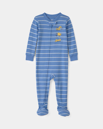 Toddler Boy Construction Striped 100% Cotton Snug Fit 1-Piece Pyjama Set - Blue, 