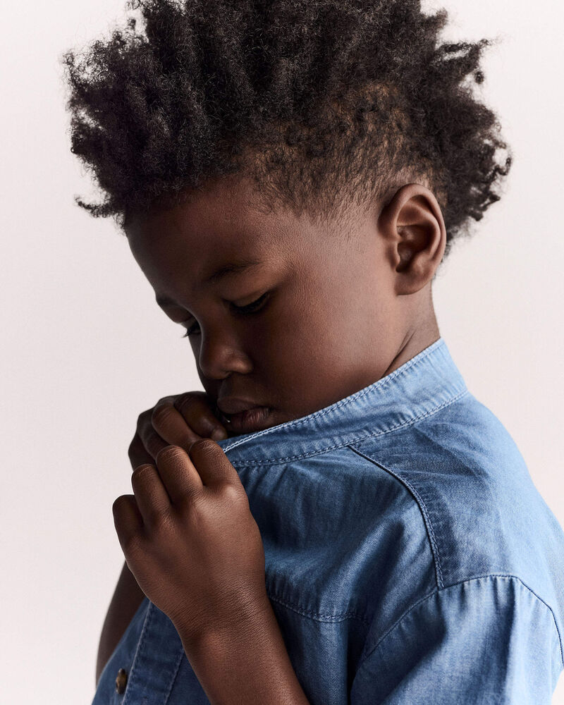 Toddler Boy Mandarin Collar Button-Down Shirt in Chambray, image 6 of 6 slides