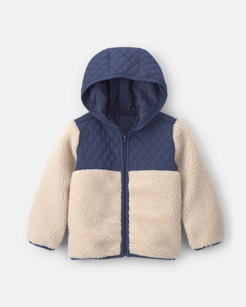 Teddy Fleece Colour Block Zip-Up Hoodie - Navy Blue/Cream, image 1 of 3 slides