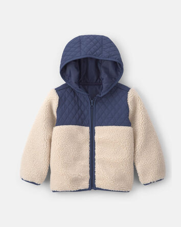 Teddy Fleece Colour Block Zip-Up Hoodie - Navy Blue/Cream, 