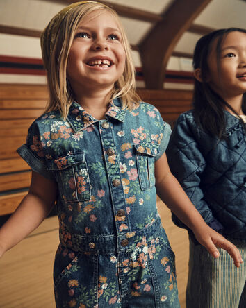 Girls Floral Denim Short-Sleeve Jumpsuit - Dark Wash, 