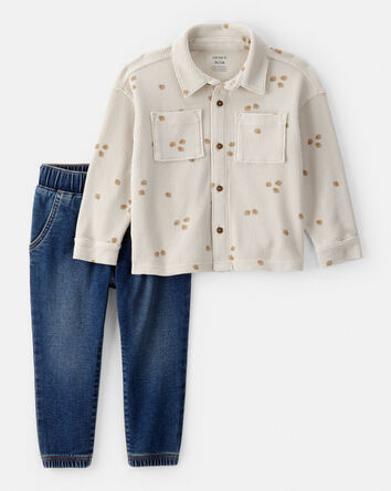 Tout-petit Ensemble 2 pièces chemise boutonnée à gland et pantalon en denim facile à enfiler , 