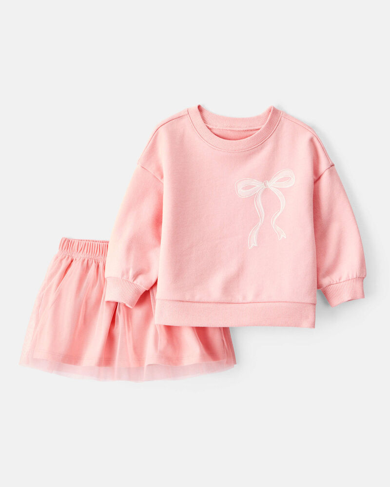 Baby Girl Bow French Terry Long-Sleeve Top & Skirt Set - Pink, image 1 of 6 slides